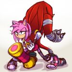 1boy 1girl amy_rose artist_request back-to-back furry furry_female furry_male green_hair hedgehog holding holding_weapon knuckles_the_echidna looking_at_viewer sega sonic_(series) sonic_boom_(game) weapon 