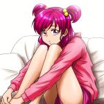  1girl bangs commentary hair_bobbles hair_ornament hood hood_down hoodie hugging_own_legs long_sleeves looking_at_viewer loungewear parted_lips pillow pink_eyes pink_hair pink_hoodie pink_shorts precure satou_yasu short_hair short_shorts shorts sitting solo two_side_up white_background yes!_precure_5 yumehara_nozomi 