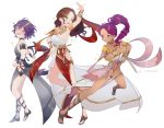  3girls absurdres armlet bernadetta_von_varley brown_eyes brown_hair dagger dancer dark_skin dorothea_arnault dress facial_mark fire_emblem fire_emblem:_three_houses from_side green_eyes grey_eyes highres holding holding_dagger holding_weapon inkanii long_hair looking_to_the_side multiple_girls open_mouth parted_lips petra_macneary ponytail purple_hair short_hair simple_background twitter_username weapon white_background 