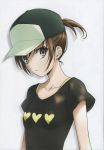  1girl absurdres baseball_cap black_shirt casual hat highres looking_at_viewer misaka_mikoto ponytail puma_(hyuma1219) scan shirt short_hair short_sleeves solo to_aru_kagaku_no_railgun to_aru_majutsu_no_index upper_body 