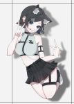  1girl animal_ear_fluff animal_ears bare_shoulders bell black_hair black_legwear black_skirt blue_eyes breasts cat_ears crop_top double_v ear_piercing extra_ears grey_shirt hair_ornament hairclip hand_up head_tilt highres inarineko jingle_bell large_breasts looking_at_viewer midriff miniskirt original piercing pleated_skirt shadow shirt shoes short_hair sidelocks skindentation skirt sleeveless sleeveless_shirt smile socks solo strap tongue tongue_out v 