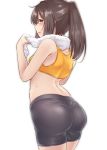  1girl absurdres akizuki_(kantai_collection) ass bangs bike_shorts black_hair blush breasts eyebrows_visible_through_hair grey_eyes highres kantai_collection kiritto long_hair medium_breasts open_mouth ponytail profile simple_background solo sweat tank_top towel towel_around_neck white_background 