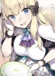  1girl 92m black_bow blonde_hair blue_eyes bow breasts elf gloves hair_bow holding holding_plate large_breasts long_hair looking_at_viewer open_mouth plate pointy_ears princess_connect! princess_connect!_re:dive sasaki_saren smile solo 