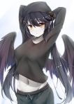  1girl arms_behind_head arms_up black_hair black_headwear black_shirt black_shorts breasts closed_mouth crop_top crop_top_overhang feathered_wings groin hat highres horns long_hair long_sleeves looking_at_viewer medium_breasts midriff navel orange_eyes original pale_skin shirt shorts simple_background solo stomach umou_(may65879) upper_body very_long_hair white_background wings 