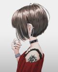  1girl absurdres arm_tattoo bob_cut brown_hair child collar from_side grey_background grey_nails hand_to_own_mouth highres multiple_piercings multiple_rings nadegata original profile short_hair simple_background solo studded_bracelet tattoo upper_body 