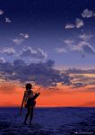  1girl arrow character_name clouds dated flight_deck highres horizon kaga_(kantai_collection) kantai_collection looking_away night night_sky ocean quiver side_ponytail sky solo star_(sky) starry_sky sunset thigh-highs timato twitter_username water zettai_ryouiki 