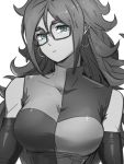  1girl android_21 blue_eyes breasts checkered checkered_dress dragon_ball dragon_ball_fighterz dress earrings glasses greyscale hoop_earrings jewelry kemachiku long_hair looking_at_viewer medium_breasts monochrome simple_background solo upper_body white_background 