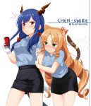  2girls absurdres alternate_costume anger_vein animal_ears arknights arm_hug artist_name bangs black_skirt blue_hair blue_shirt blush bow breast_pocket can ch&#039;en_(arknights) character_name commentary_request cowboy_shot dragon_horns drill_hair drill_locks eyebrows_visible_through_hair fang fang_out felutiahime gloves green_eyes hair_between_eyes hair_bow hand_up highres holding holding_can horns leaning_forward long_hair looking_at_viewer miniskirt multiple_girls no_hat no_headwear nose_blush orange_hair pencil_skirt pocket red_bow red_eyes shirt short_sleeves simple_background skirt standing swire_(arknights) tail thighs tiger_ears tiger_tail twitter_username v-shaped_eyebrows very_long_hair white_background white_gloves wing_collar 