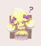  ? alcremie alcremie_(lemon_cream) alcremie_(ribbon_sweet) bigglyboof commentary creature english_commentary full_body gen_8_pokemon highres looking_at_viewer no_humans pokemon pokemon_(creature) signature simple_background solo standing violet_eyes 