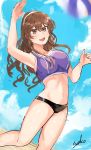  1girl ashigara_(kantai_collection) beach_volleyball bikini blue_sky brown_eyes brown_hair clouds commentary_request day fang hairband highres kantai_collection long_hair mismatched_bikini miyako_(00727aomiyako) motion_blur open_mouth outdoors signature sky solo sports_bikini swimsuit volleyball wavy_hair 