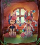  blue_eyes commentary creature english_commentary facing_viewer frown full_body gen_6_pokemon glasses grass hood hoodie looking_at_viewer no_humans pokemon pokemon_(creature) salanchu serious signature sitting sylveon tree window 