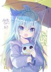  1girl :d blue_eyes blue_hair borrowed_character commentary_request commission d_omm fang hood hood_down hooded_coat long_hair long_sleeves looking_at_viewer open_mouth original plant raincoat smile stuffed_toy umbrella upper_body 