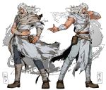  1boy arm_up armband bandaged_arm bandaged_leg bandages belt brown_footwear closed_mouth fingernails green_eyes grey_hair hokuto_no_ken kokusoji long_hair male_focus muscle parted_lips pouch signature simple_background solo standing torn_clothes 