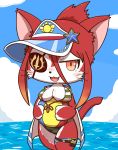  1girl animal_ears ball beachball bikini blush breasts cat cat_busters cat_ears cat_girl cat_tail clouds commentary_request cowboy_shot eyepatch fang furry highres hinozuki_(cat_busters) kaitendo ocean open_mouth orange_eyes ponytail red_fur sky solo striped striped_bikini swimsuit tail thick_thighs thighs two-tone_fur visor_cap whiskers white_fur 