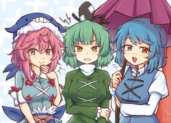  3girls animal_hat bangs black_headwear blue_background blue_eyes blue_hair blue_headwear blue_shirt blue_vest blush breasts commentary dress eyebrows_visible_through_hair eyelashes frilled_sleeves frills green_dress green_eyes green_hair hair_between_eyes hand_up hat heterochromia holding holding_umbrella juliet_sleeves large_breasts long_sleeves looking_at_viewer multiple_girls okunoda_miyoi pink_hair puffy_sleeves purple_umbrella red_eyes shirt short_hair short_sleeves smile soga_no_tojiko tatara_kogasa tate_eboshi touhou umbrella upper_body vest whale_hat white_shirt wool_(miwol) 