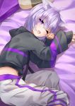  1girl ahoge animal_ear_fluff animal_ears arm_up bangs bed_sheet black_hoodie cat_ears eyebrows_visible_through_hair fang hair_between_eyes hand_up highres hololive hood hood_down hoodie konkito long_sleeves looking_at_viewer lying midriff nekomata_okayu on_side open_mouth pants puffy_long_sleeves puffy_sleeves purple_hair sleeves_past_wrists solo violet_eyes virtual_youtuber white_pants 