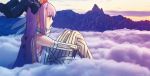  clouds eyebrows_visible_through_hair fate/extra fate/extra_ccc fate/grand_order fate_(series) giantess highres horns kingprotea mountain official_art photo purple_hair red_eyes sitting smile solo wada_aruko 