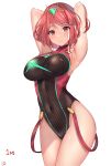  1girl absurdres armpits arms_behind_head bangs blush breasts closed_mouth covered_navel emerald_(gemstone) eyebrows_visible_through_hair gem highres pyra_(xenoblade) large_breasts mukatsukulsp one-piece_swimsuit red_eyes redhead short_hair simple_background solo swept_bangs swimsuit thighs white_background xenoblade_(series) xenoblade_2 