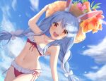  1girl animal_ear_fluff animal_ears arm_up bare_arms bare_shoulders bikini blue_sky bow breasts clouds day dutch_angle eyebrows_visible_through_hair flower frilled_bikini frills front-tie_top hair_bow hat hat_flower highres hololive long_hair looking_at_viewer low_twintails multicolored_hair open_mouth outdoors rabbit_ears red_bikini red_eyes saki_(saki_paint) short_eyebrows side-tie_bikini sky small_breasts solo summer sun_hat swimsuit thick_eyebrows twintails two-tone_hair usada_pekora very_long_hair virtual_youtuber white_bow white_hair 