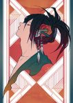  1boy absurdres black_hair closed_eyes collarbone cropped_torso dororo_(tezuka) earrings flower hair_flower hair_ornament highres hyakkimaru_(dororo) ichi_asakura jewelry long_hair patterned_background red_flower signature solo upper_body 