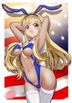  1girl american_flag animal_ears arm_up armpits arms_behind_head arms_up bare_shoulders blonde_hair blue_eyes bow bowtie breasts bunny_girl bunny_tail bunnysuit double_bun fake_animal_ears fishnets fletcher_(kantai_collection) kantai_collection large_breasts leotard long_hair looking_at_viewer mokerou navel rabbit_ears solo strapless strapless_leotard tail 