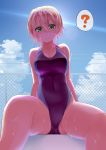  1girl ? blonde_hair blue_sky breasts chain-link_fence clouds collarbone commentary_request covered_navel day fence green_eyes highres looking_at_viewer medium_breasts original outdoors purple_swimsuit shiro_maru sitting sky solo spoken_question_mark swimsuit wet wet_clothes wet_swimsuit 