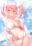  1girl absurdres bikini blush breasts clouds cloudy_sky collarbone cross cross_necklace drill_hair eyebrows_visible_through_hair groin hair_ornament hair_ribbon highres jashin-chan_dropkick jewelry large_breasts maddo_(gasser_0518) navel necklace ocean open_mouth pink_hair pino_(jashin-chan_dropkick) red_eyes ribbon shiny shiny_hair short_hair side-tie_bikini sky solo standing swimsuit swimwear twin_drills twintails white_bikini 