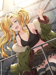  1girl bare_shoulders belt blonde_hair blue_eyes breasts crop_top eyebrows_visible_through_hair fur_trim granblue_fantasy jacket long_hair looking_at_viewer mint_(kiri0120) navel skirt striped striped_legwear tank_top thigh-highs twintails waving zeta_(granblue_fantasy) 