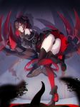 1girl arm_cuffs ass black_hair black_panties blood bloody_hands boots chain claws commentary_request dress evil_smile from_behind full_body glitch hair_ornament highres honkai_(series) honkai_impact_3rd huge_claws looking_at_viewer medium_hair multicolored_hair nasubi_(1ra1ri1ko2cho1mi2na) panties red_eyes red_legwear redhead seele_vollerei seele_vollerei_(stygian_nymph) shaded_face shadow short_dress smile thigh-highs thighs two-tone_hair underwear veliona 