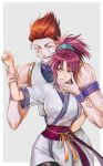  1boy 1girl arm_grab blood blue_eyes bracelet breasts cowboy_shot disgust earrings evil_smile eyebrows_visible_through_hair facial_mark fingernails hair_between_eyes hair_slicked_back hand_on_another&#039;s_face height_difference hisoka_morow hunter_x_hunter japanese_clothes jewelry kimono korean_commentary long_fingernails looking_at_another machi_(hunter_x_hunter) medium_breasts medium_hair messy_hair pink_hair ponytail ppap_(11zhakdpek19) redhead sash short_sleeves simple_background sleeveless smile star_facial_mark tabi teardrop_facial_mark thread tied_hair toned toned_male vest white_kimono yellow_eyes 