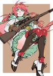  1girl blush border brown_background brown_gloves carcano_m1891_(girls_frontline) closed_mouth cross-laced_footwear dress floating_hair girls_frontline gloves green_dress green_eyes gun high_heels highres holding holding_gun holding_weapon long_hair looking_at_viewer red_legwear redhead rifle ruukii_drift simple_background sniper_rifle solo thigh-highs trigger_discipline weapon white_border white_footwear wide-eyed 