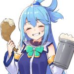  1girl aqua_(konosuba) bird blue_dress blue_hair blush bow chicken closed_eyes commentary_request cup detached_sleeves dress eyebrows_visible_through_hair food green_bow hair_ornament holding holding_cup holding_food kono_subarashii_sekai_ni_shukufuku_wo! long_hair pensuke simple_background smile solo white_background white_sleeves 