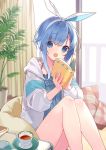  1girl blue_eyes blue_hair book bow commentary_request hair_bow highres jacket looking_at_viewer monokaki_aer open_mouth re_aer short_hair sitting solo table virtual_youtuber window 