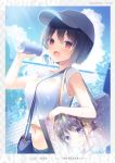  1girl :d amamine armpits bag bare_shoulders baseball_cap between_breasts black_hair bottle breasts clouds crop_top day hand_up hat highres holding large_breasts looking_at_viewer midriff navel open_mouth original outdoors red_eyes shirt short_hair short_sleeves shoulder_bag smile solo sunlight sweat upper_body white_shirt 