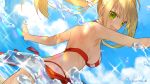  1girl akamakoto ass back bangs bare_shoulders bikini blonde_hair blue_sky breasts criss-cross_halter earrings fate/grand_order fate_(series) green_eyes hair_between_eyes halterneck jewelry large_breasts long_hair looking_at_viewer looking_back nero_claudius_(fate)_(all) nero_claudius_(swimsuit_caster)_(fate) open_mouth red_bikini side-tie_bikini sky smile solo splashing striped striped_bikini swimsuit twintails water 