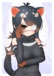  1girl absurdres animal_ears australian_devil_(kemono_friends) bangs bare_shoulders black_bow black_hair black_neckwear black_shirt bow bowtie brown_eyes brown_gloves brown_hair deku_suke detached_sleeves empty_eyes extra_ears eyebrows_visible_through_hair eyepatch fang fang_out frown gloves gradient_hair hand_up highres kemono_friends long_hair medical_eyepatch multicolored_hair shirt solo tail tasmanian_devil_ears tasmanian_devil_tail upper_body 