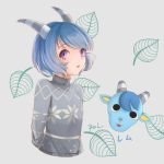  1boy absurdres animal_ears artist_name blue_hair doubutsu_no_mori furry goat goat_ears goat_horns grey_background highres horns leaf open_mouth otoko_no_ko personification rem_(doubutsu_no_mori) rol_(wengmengdi) solo violet_eyes 