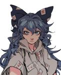  1girl bags_under_eyes blue_bow blue_hair bow character_request closed_mouth grey_hoodie hair_between_eyes hair_bow hood hood_down long_hair looking_at_viewer ofuda_on_clothes ruukii_drift short_sleeves solo touhou upper_body 