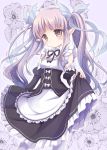  1girl absurdres apron bangs blush brown_eyes chibitan dress eyebrows_visible_through_hair frilled_apron frilled_dress frills highres hikawa_kyouka long_hair looking_at_viewer maid_dress pointy_ears princess_connect! princess_connect!_re:dive purple_hair solo twintails white_legwear 