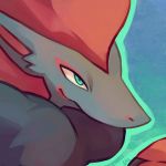  blue_background commentary creature english_commentary face gen_5_pokemon green_eyes no_humans pokemon pokemon_(creature) salanchu signature simple_background solo zoroark 