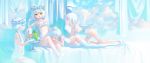  4girls absurdres all_fours angel_wings arm_garter bangs bare_shoulders bed_sheet blue_eyes blue_sky blunt_bangs bob_cut bowl bra braid closed_eyes clouds commentary_request flower_wreath food fruit garter_belt gloves grapes hand_on_another&#039;s_head hand_up highres kaede_(shijie_heping) leg_garter leotard long_hair looking_at_another lying lying_on_lap multiple_girls on_side open_mouth original panties parted_lips pineapple red_eyes short_hair sitting sky sleeping smile twin_braids underwear white_bra white_garter_belt white_gloves white_leotard white_panties white_wings wings wreath yellow_eyes 