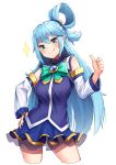  1girl aqua_(konosuba) blue_eyes blue_hair blush bow closed_mouth commentary_request contrapposto detached_sleeves doyagao eyebrows_visible_through_hair fingernails green_bow green_neckwear hand_on_hip kono_subarashii_sekai_ni_shukufuku_wo! long_hair pensuke see-through simple_background smile solo sparkle thumbs_up white_background 