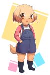  1girl abstract_background absurdres animal_ears black_legwear blush brown_eyes brown_fur commentary_request dog dog_ears dog_girl dog_tail full_body furry hands_in_pockets highres kneehighs looking_at_viewer mei_(lulufla) original simple_background socks solo standing tail 