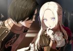  1boy 1girl black_coat black_hair bow capelet coat commentary_request edelgard_von_hresvelg eyebrows_visible_through_hair eyelashes finger_to_mouth fire_emblem fire_emblem:_three_houses forehead garreg_mach_monastery_uniform gloves hair_bow hair_over_one_eye hair_ribbon hubert_von_vestra lips long_hair long_sleeves looking_at_another mueririko open_mouth parted_lips purple_bow purple_ribbon red_capelet ribbon short_hair uniform violet_eyes white_gloves white_hair 