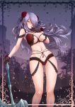  1girl adsouto ass_visible_through_thighs axe breasts camilla_(fire_emblem) finger_to_mouth fire_emblem fire_emblem_fates hair_over_one_eye highres lingerie long_hair looking_at_viewer purple_hair solo thigh_gap underwear 