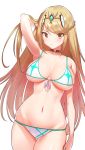  1girl arm_behind_head armpits bikini blonde_hair blush breasts choker cowboy_shot eyebrows_visible_through_hair front-tie_bikini front-tie_top green322 highres mythra_(xenoblade) large_breasts looking_at_viewer navel simple_background solo swimsuit thigh_gap tiara white_background white_bikini xenoblade_(series) xenoblade_2 yellow_eyes 