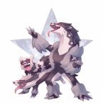  claws closed_eyes commentary english_commentary fangs galarian_form galarian_linoone galarian_zigzagoon gen_8_pokemon highres obstagoon pokemon riding riding_pokemon salanchu sharp_teeth signature simple_background standing star striped teeth tongue tongue_out violet_eyes white_background 