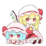  2girls ascot bat_wings blonde_hair blue_hair bobby_socks brooch brown_footwear chibi clenched_hands commentary_request crystal elbow_rest fang fang_out flandre_scarlet frills full_body girl_on_top hand_on_own_cheek hat hat_ribbon highres jewelry looking_at_viewer lying medium_hair mob_cap multiple_girls on_stomach oninamako pink_headwear pink_shirt pink_skirt pointy_ears red_eyes red_neckwear red_ribbon red_skirt red_vest remilia_scarlet ribbon shirt shoes short_sleeves siblings side_ponytail sisters sitting sitting_on_person skirt smile socks sweatdrop touhou vest white_background white_legwear white_shirt wings wrist_cuffs yellow_neckwear 