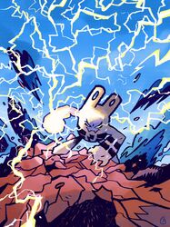  commentary commission creature electricity elekid english_commentary flancortes full_body gen_2_pokemon highres legs_apart looking_at_viewer no_humans pokemon pokemon_(creature) solo standing thunder_punch_(pokemon) 