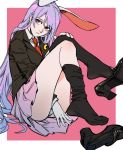  1girl animal_ears between_legs black_footwear black_legwear border brown_jacket closed_mouth collared_shirt crescent crescent_moon_pin hand_between_legs high_heels jacket long_hair long_sleeves looking_at_viewer necktie pink_background pink_skirt purple_hair rabbit_ears red_eyes red_neckwear reisen_udongein_inaba ruukii_drift shirt shoes shoes_removed simple_background skirt solo thigh-highs thighhighs_pull touhou very_long_hair white_border white_shirt wing_collar 